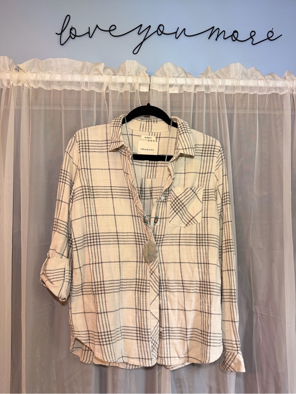 Thread&Supply Plaid Button-Up Shirt - Cream/Black 100% Cotton